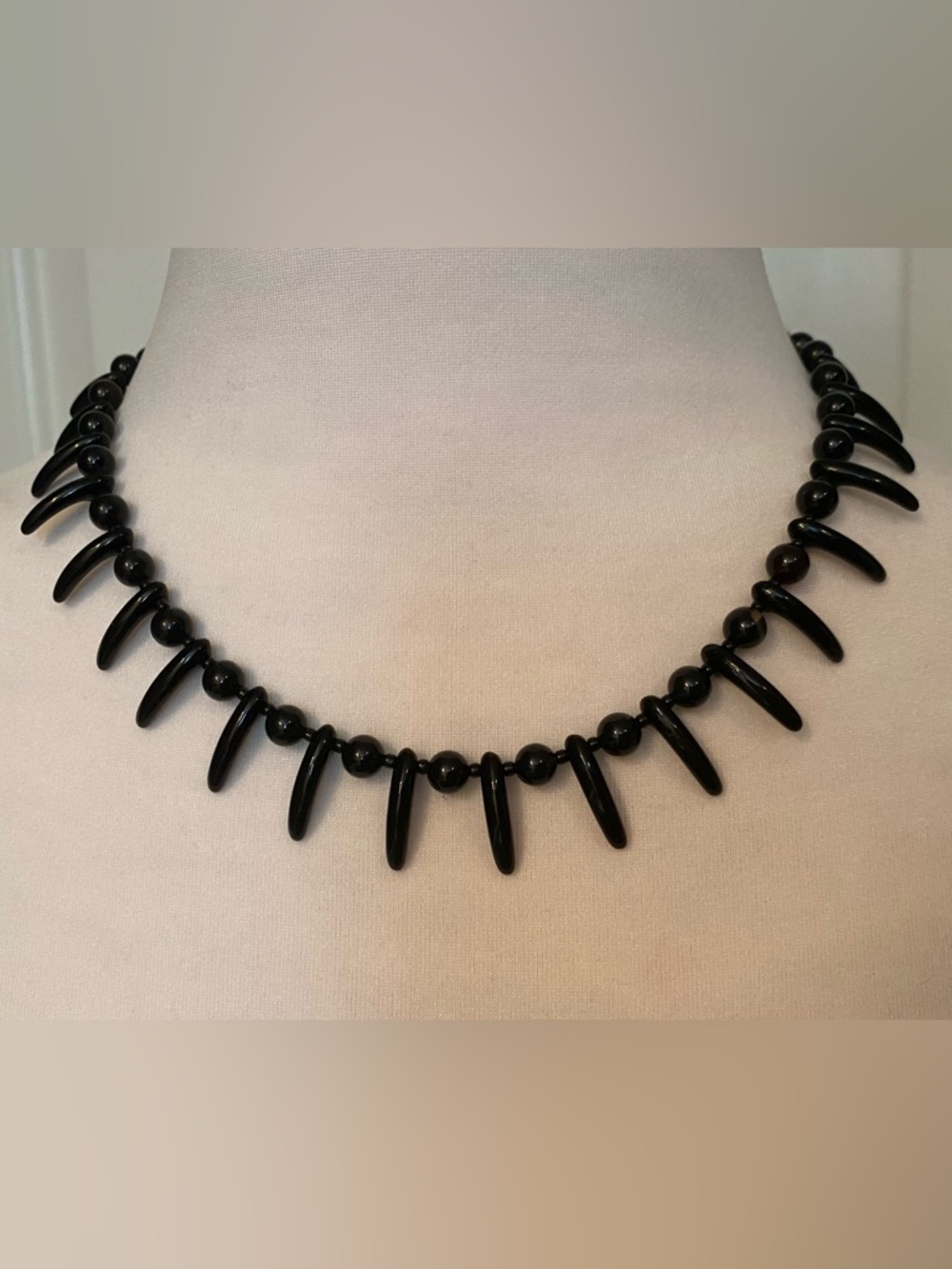 NECKLACE JET BLACK BEADS 925 STERLING SILVER CLASP 17” CHOKER
